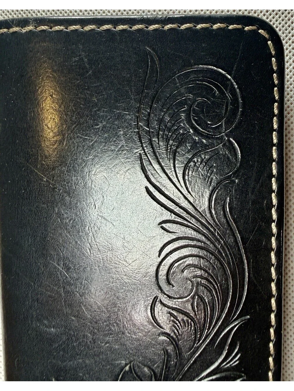 FUNNY Japan Vintage Hand Carved Black Leather Mid Wallet Western Tooled Biker
